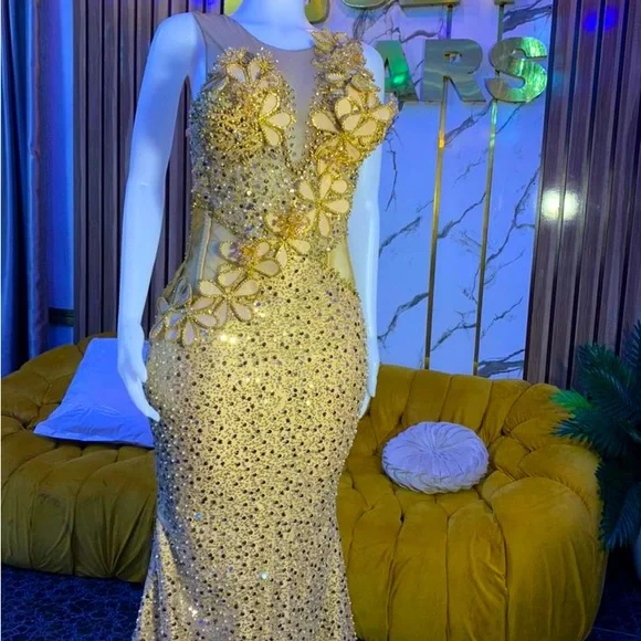 green emerald velvet dress Gold Sequin Sheer Corset Gown with High Slit and Rhinestone Details